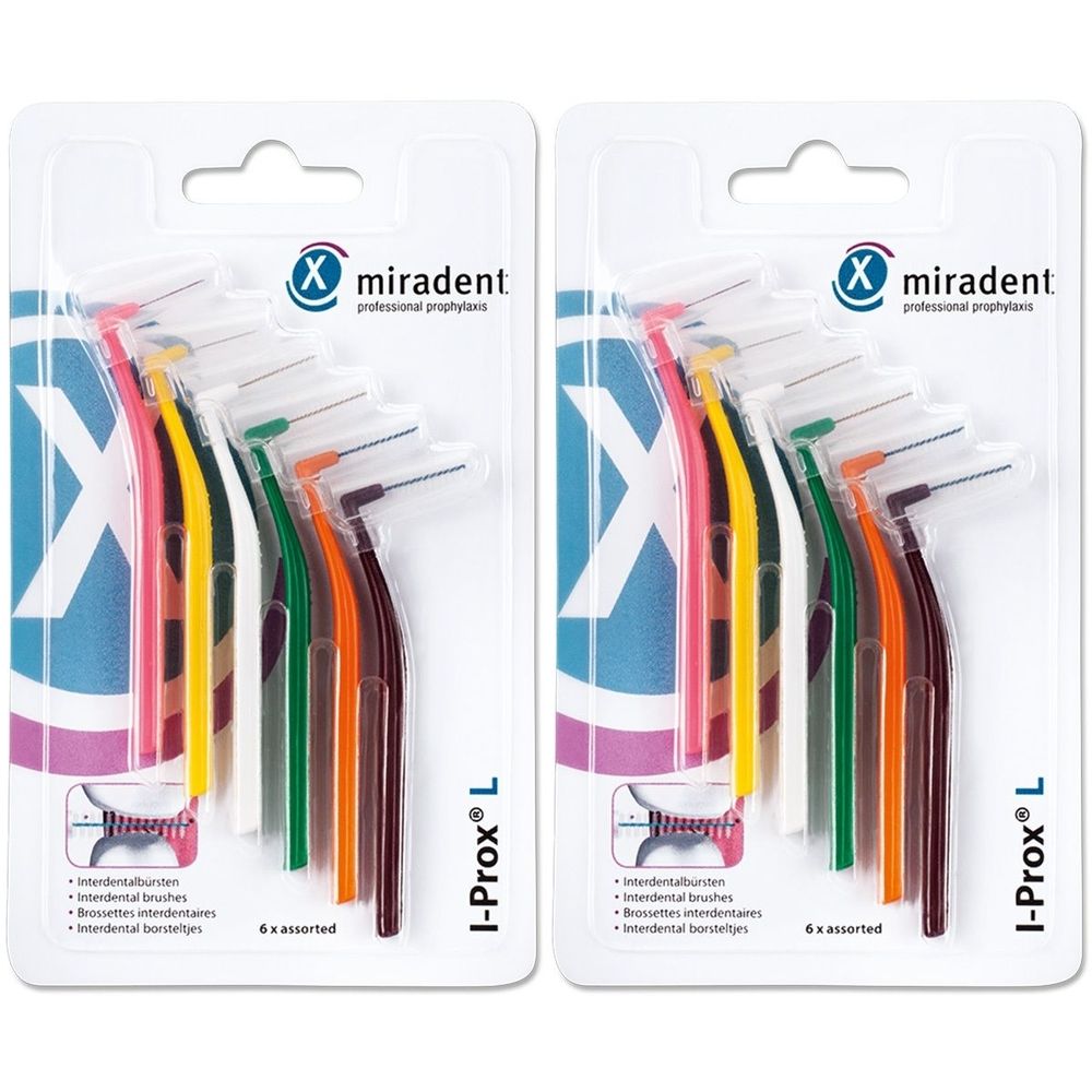 Zwei Blisterpackungen mit Interdentalbürsten. Jede Packung enthält sechs Bürsten in verschiedenen Farben. Aufschrift: I-Prox L, miradent.
