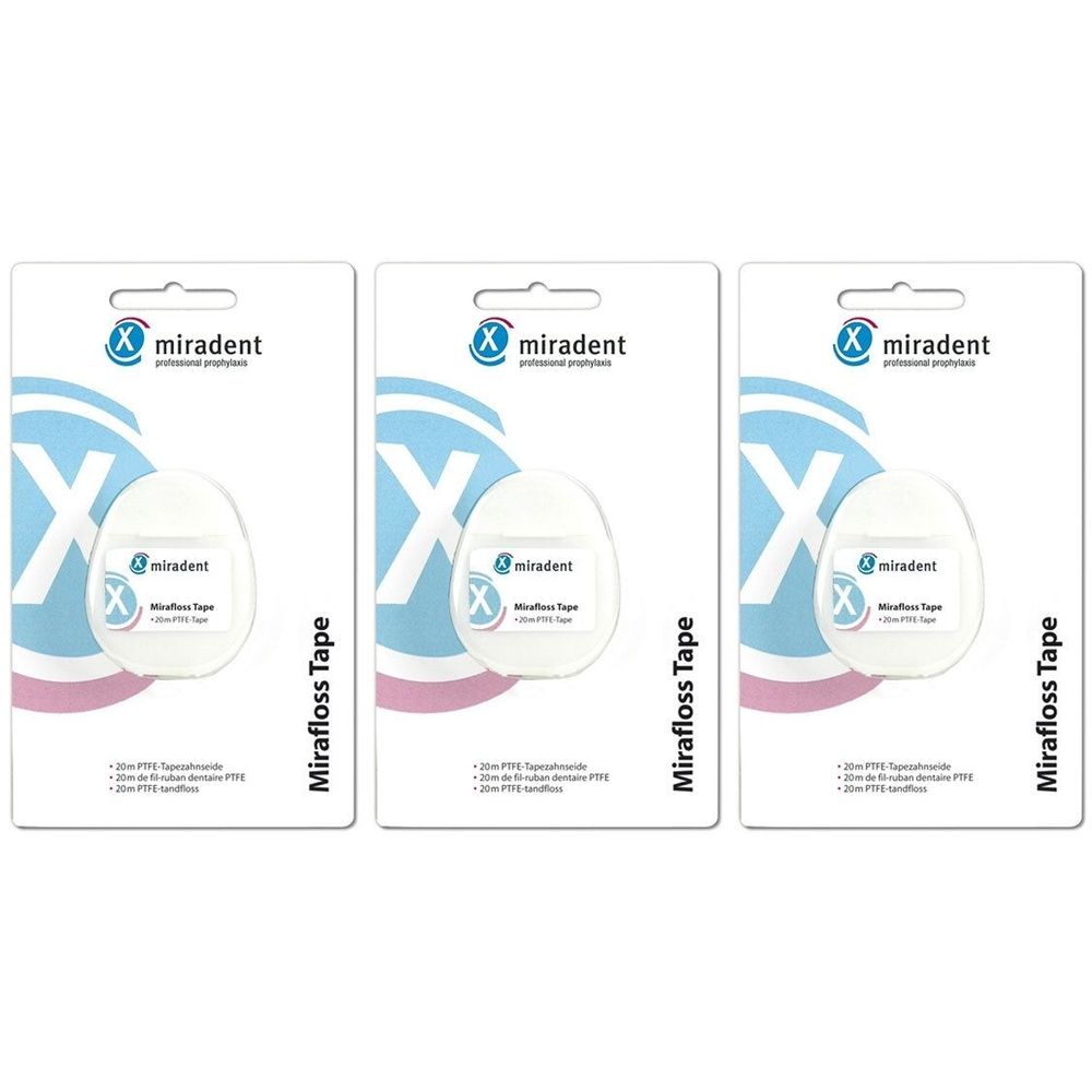 Drei Packungen mit weißem Zahnseideband. Jede Packung hat ein weißes, ovales Produkt und eine weiße Karte mit blauem X-Design und Text.