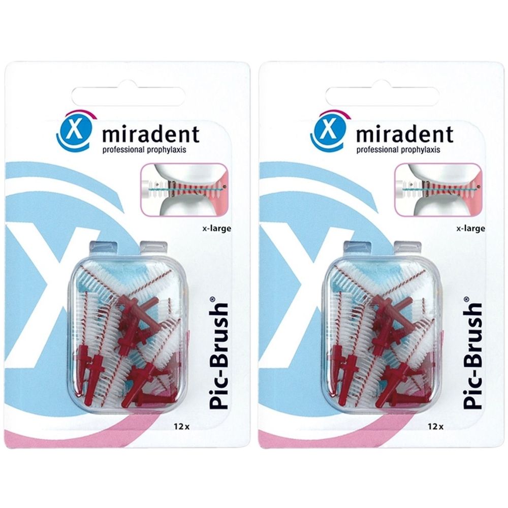 Zwei Packungen Interdentalbürsten. Marke: miradent. Bordeauxfarbene Bürstenköpfe. Verpackung mit 12 Stück. Größe: x-large.