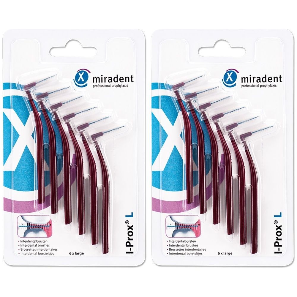 Zwei Packungen Interdentalbürsten. Jede Packung enthält sechs Bürsten, bordeauxfarben, mit weißem Borstenkopf. Aufschrift: I-Prox® L.