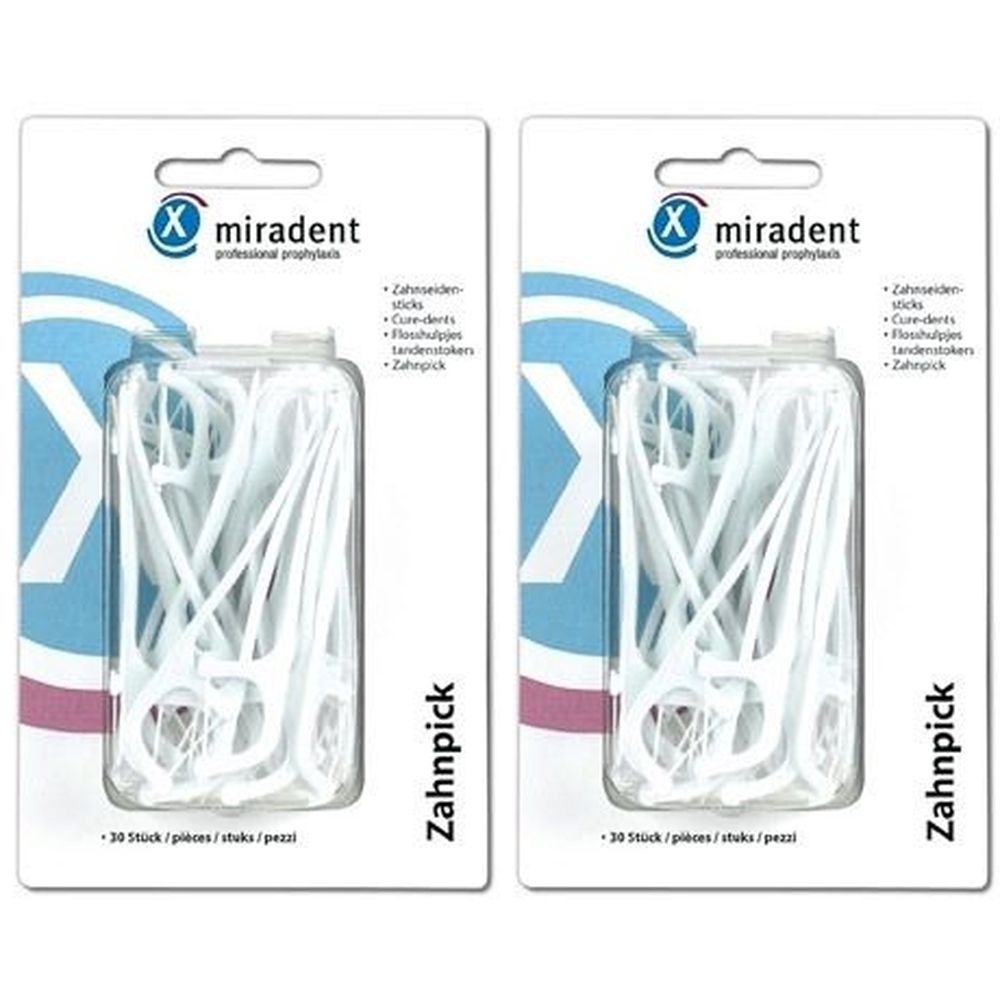 Zwei Packungen miradent Zahnpick. Weiße Zahnseidensticks in transparenten Kunststoffverpackungen. Aufschrift: Zahnpick, 30 Stück.