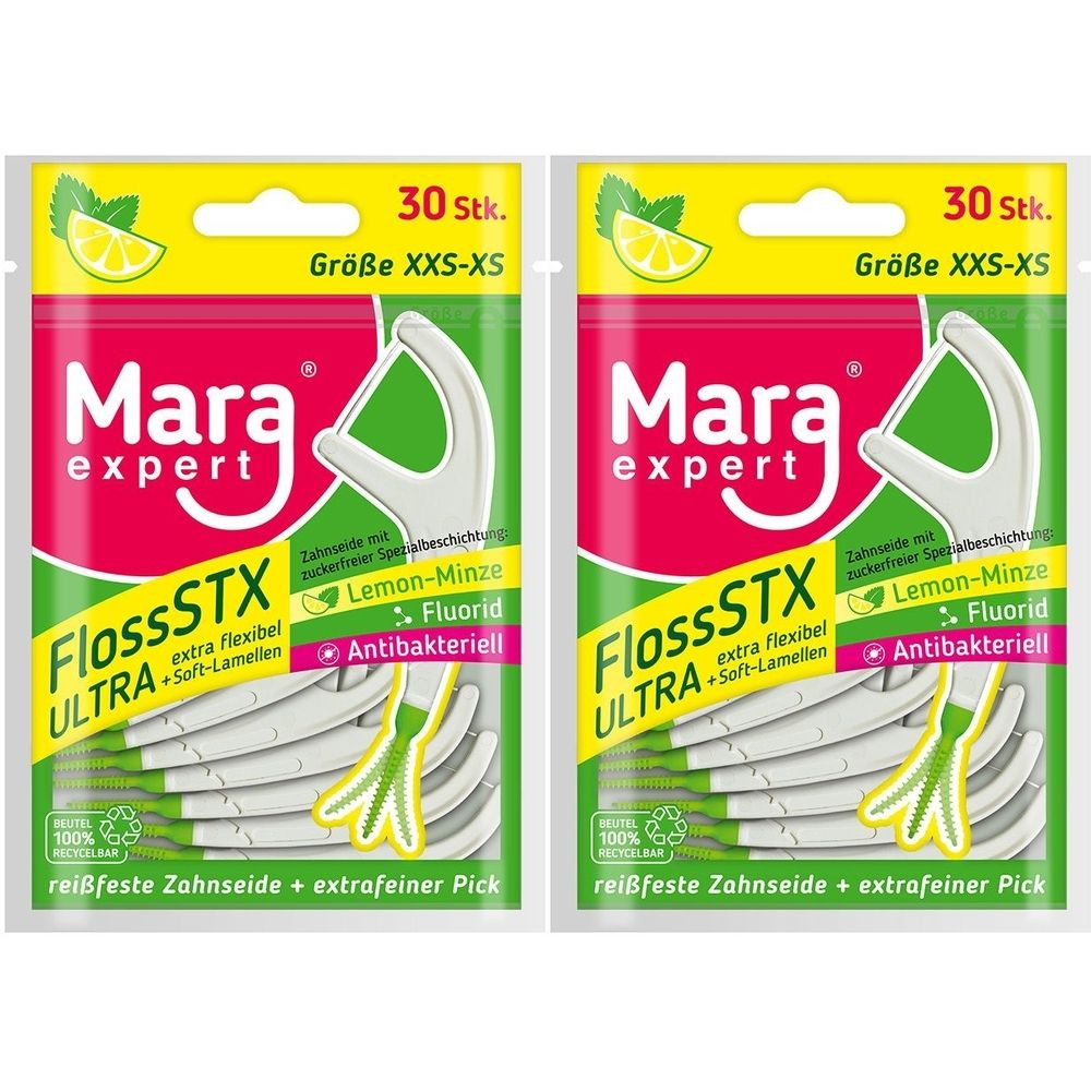 Zwei Packungen Zahnseidesticks. Jede Packung enthält 30 Stück. Aufschrift: Mara expert FlossSTX ULTRA, Größe XXS-XS, Lemon-Minze, Fluorid, antibakteriell.