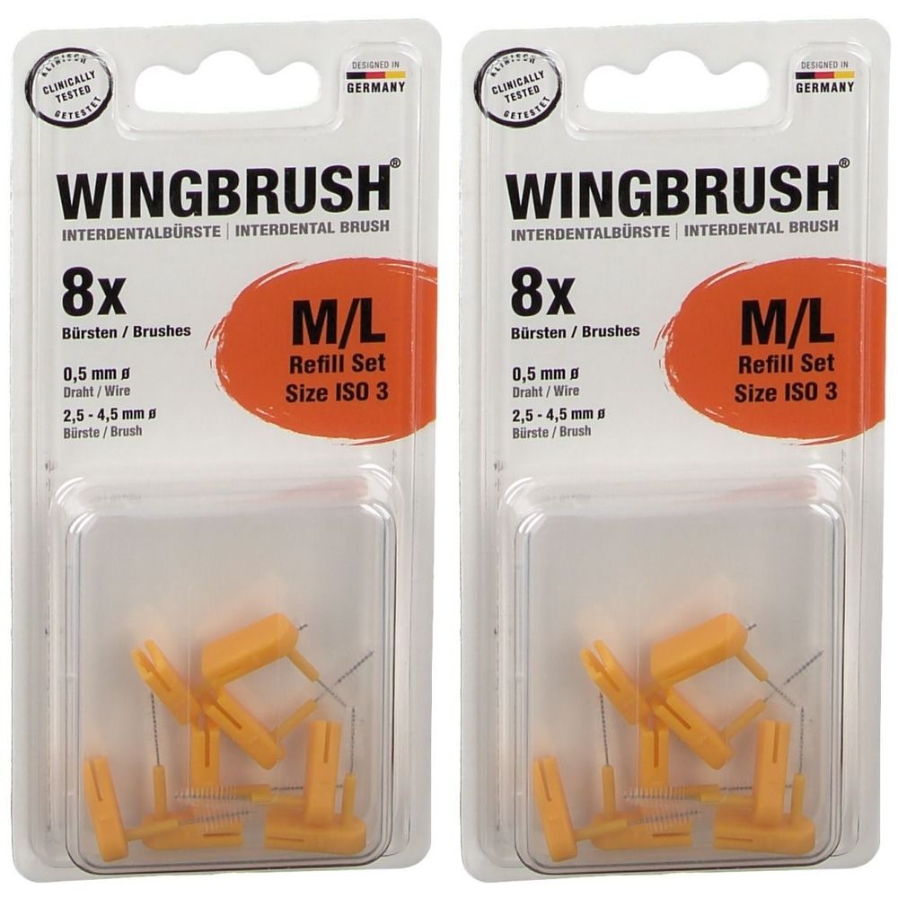 Zwei Packungen WINGBRUSH Interdentalbürsten M/L. Jede Packung enthält 8 Bürsten. Orangefarbene Bürsten in Kunststoffverpackung.