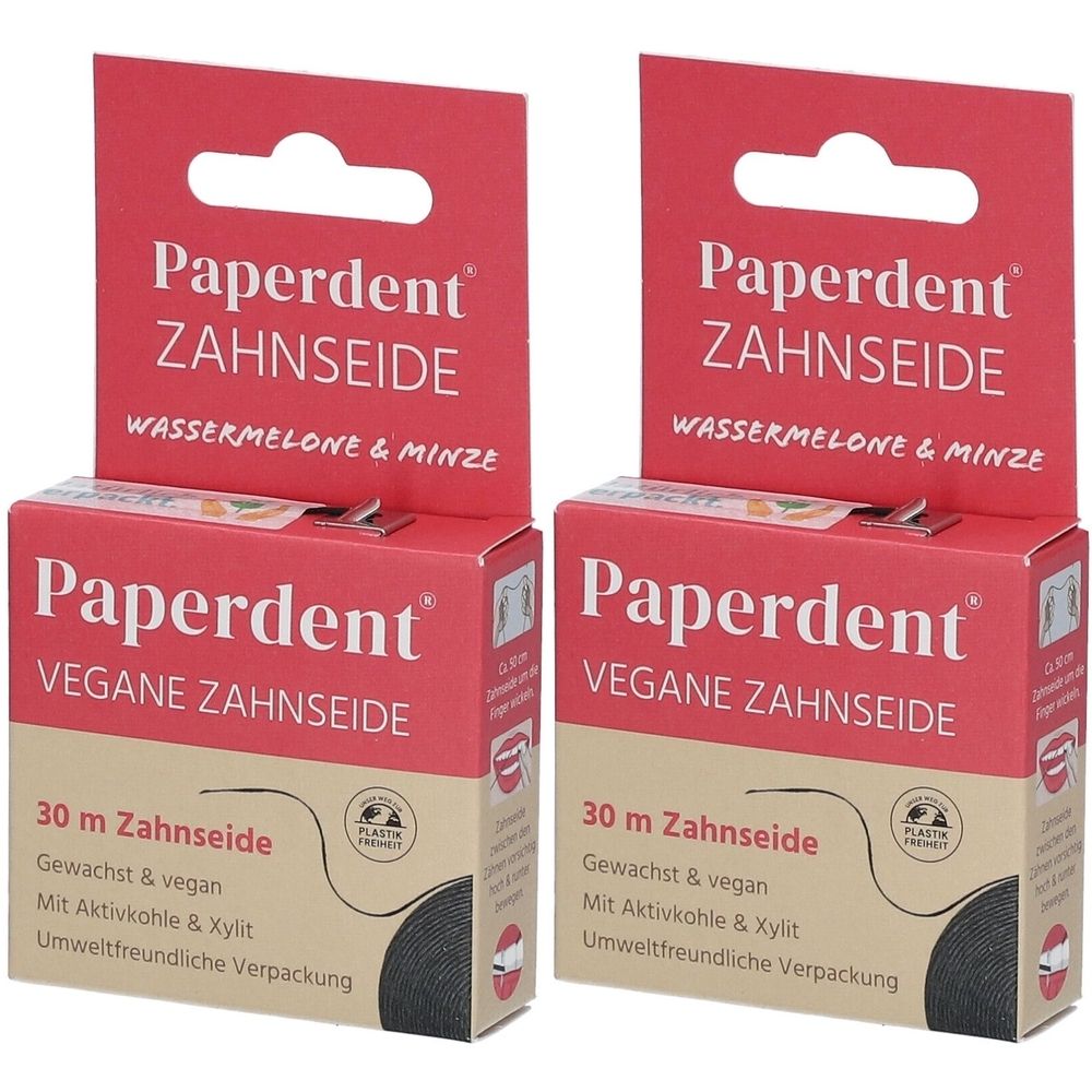 Zwei Packungen Zahnseide. Rote Verpackung mit Produktnamen und Angaben zu Inhaltsstoffen. Vegan, Wassermelone & Minze.