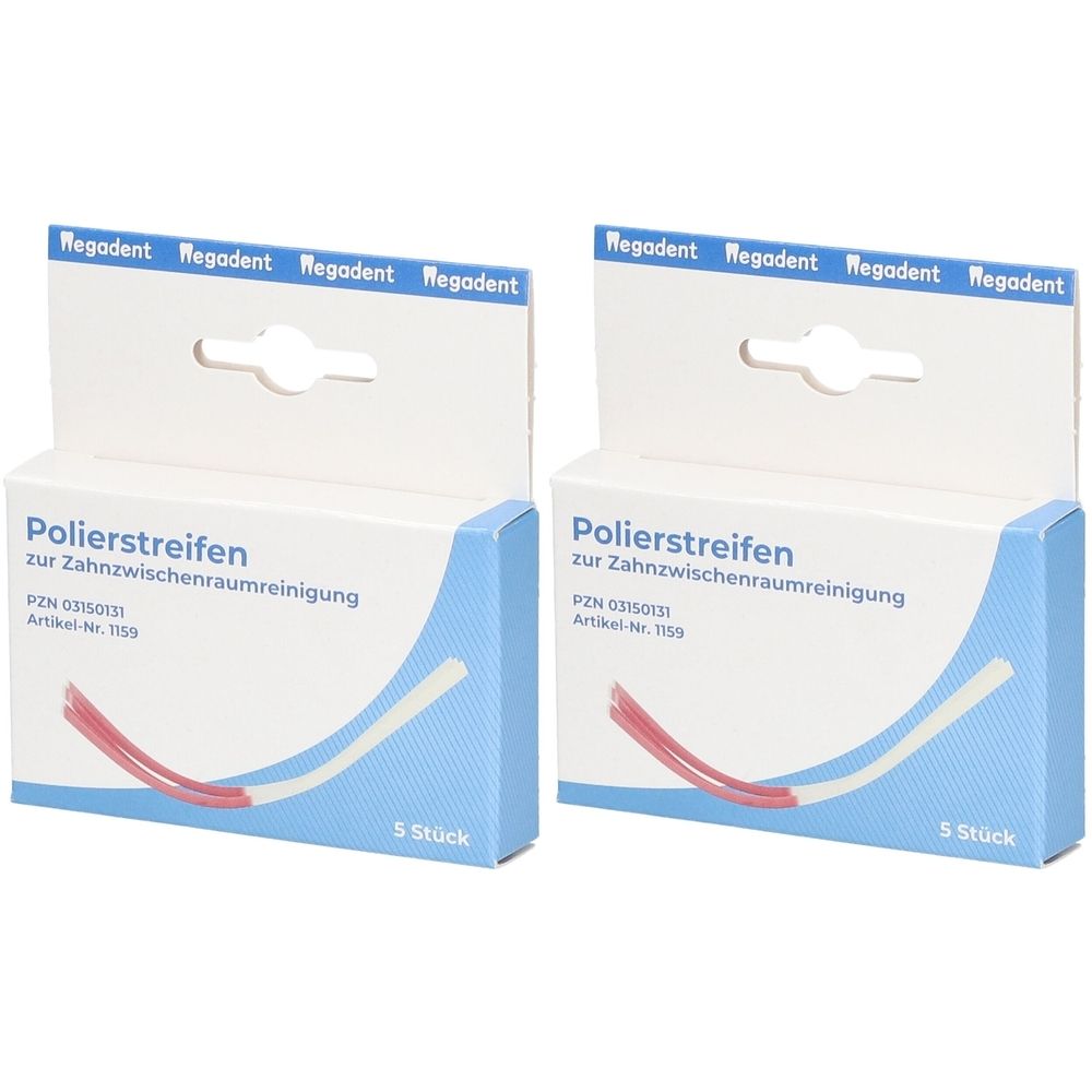 Zwei Packungen Polierstreifen. Weiße Schachteln mit blauen Akzenten. Aufschrift: Polierstreifen zur Zahnzwischenraumreinigung.