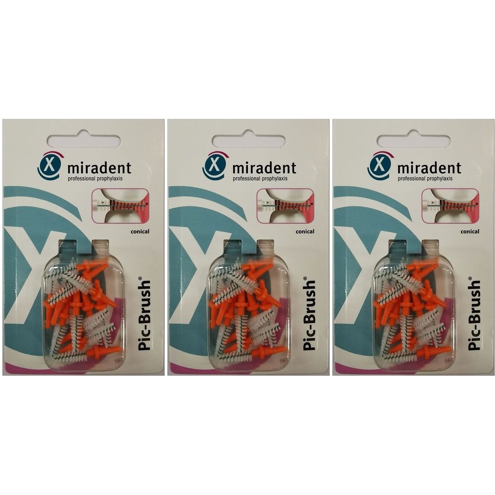 Drei Packungen Pic-Brush Ersatzbürsten. Jede Packung enthält orangefarbene, konische Bürsten und weiße Halterungen. Marke: miradent.
