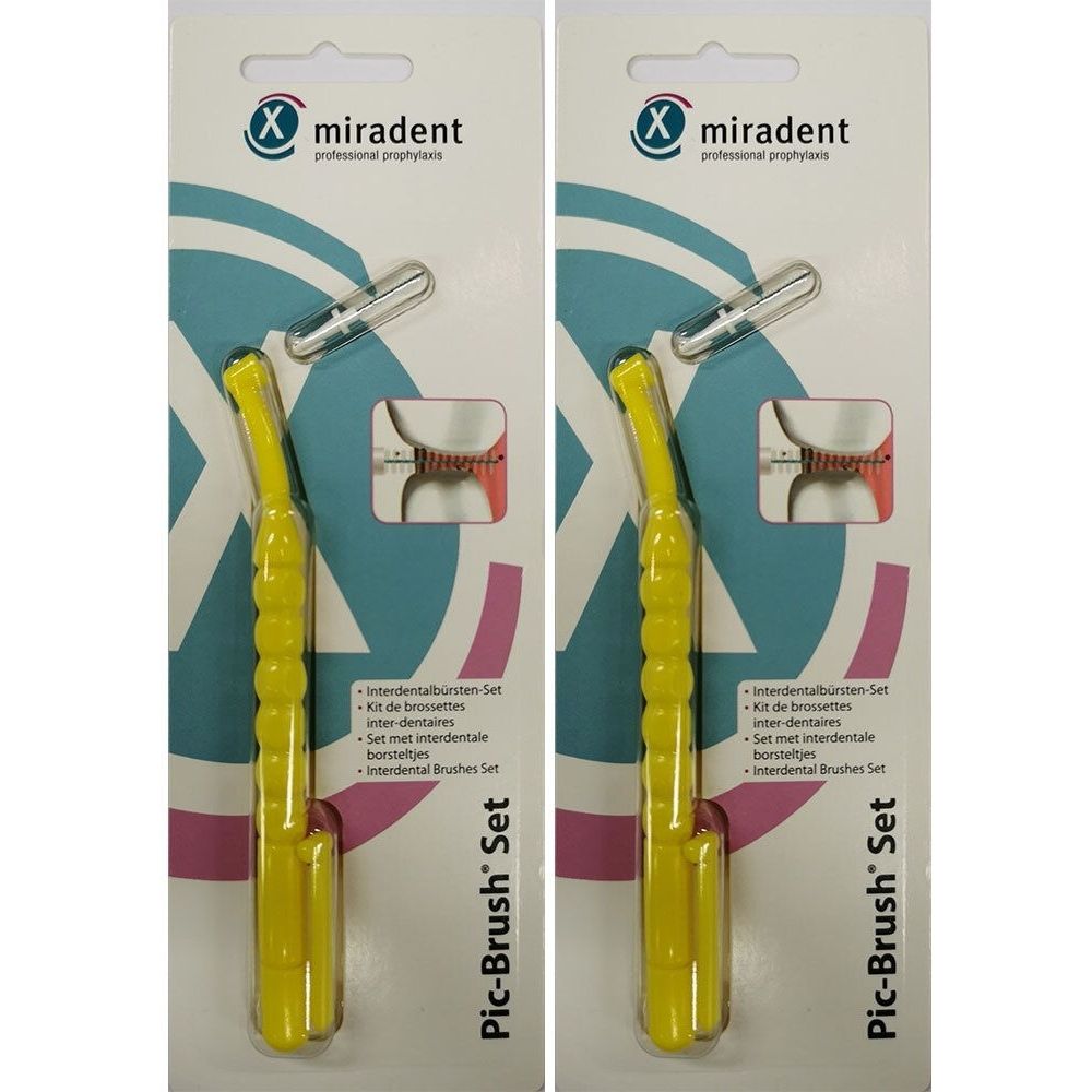 Zwei Packungen Pic-Brush Interdentalbürsten. Gelbe Griffe, transparente Verpackung. Marke: miradent.