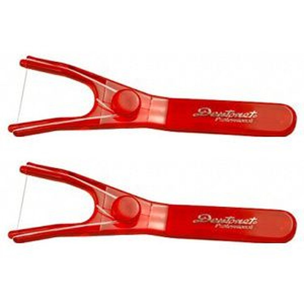 Zwei rote Zahnseidenhalter mit Griff und Zahnseide. Der Griff trägt den Schriftzug "Dentonet".