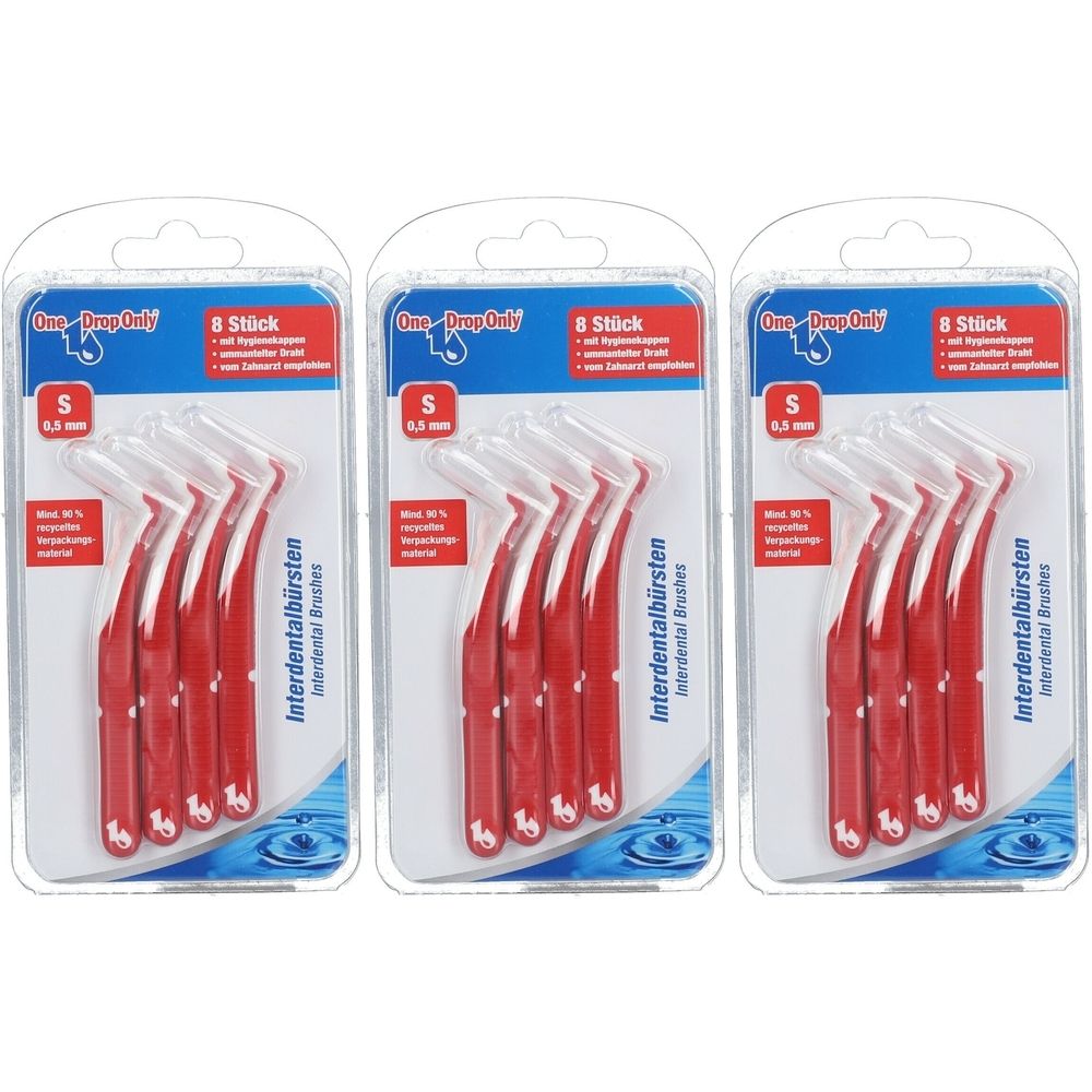 Drei Packungen Interdentalbürsten. Jede Packung enthält acht Bürsten. Rote Griffe, transparente Borsten. Marke: One Drop Only.