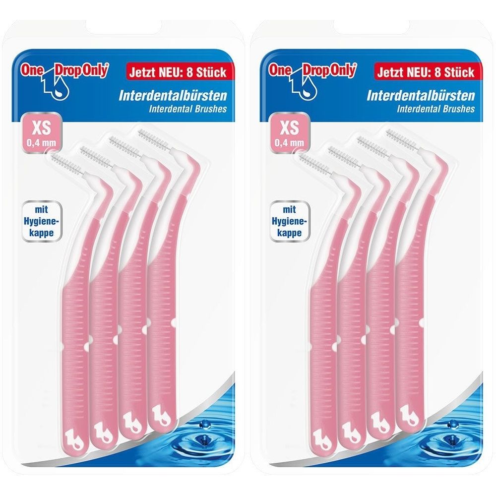 Zwei Packungen Interdentalbürsten. Jede Packung enthält 8 Stück. Rosa Bürsten mit weißem Griff. XS 0,4 mm. Mit Hygiene-Kappe.