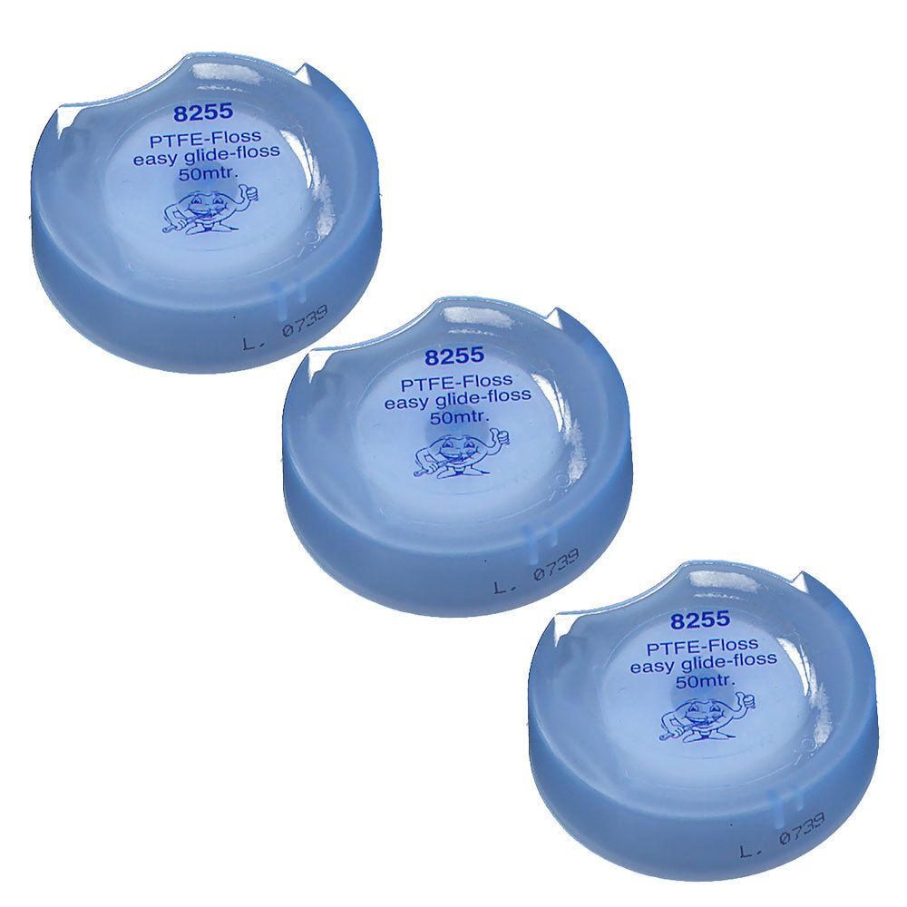 Drei blaue Zahnseide-Spender. Auf jedem steht: PTFE-Floss, easy glide-floss, 50 mtr. Mit einem Frosch-Logo.