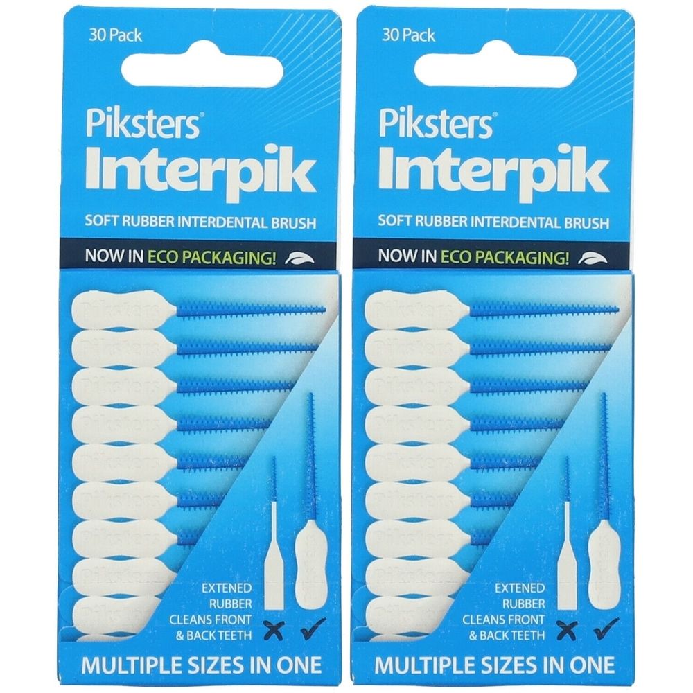 Zwei Packungen Piksters Interpik Interdentalbürsten. Blaue Verpackung mit weißen Bürsten. Aufschrift: 'Multiple Sizes in One'.