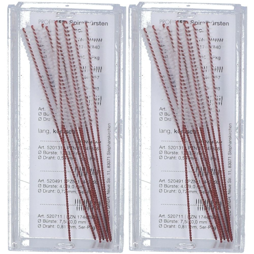 Zwei transparente Kunststoffboxen mit Spiralbürsten. Rote Borsten, weißer Schaft. Beschriftung: PROFIMED® Spiralbürsten.