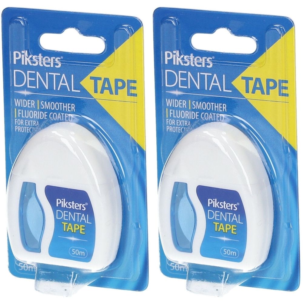 Zwei Packungen Zahnband. Weiße Kunststoffbehälter in Blisterverpackung. Aufschrift: Piksters Dental Tape, 50m.