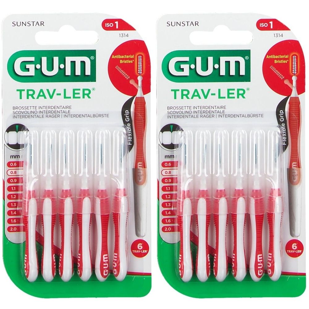 Zwei Packungen GUM Trav-Ler Interdentalbürsten. Jede Packung enthält 6 Bürsten. Die Bürsten haben rote und weiße Griffe.