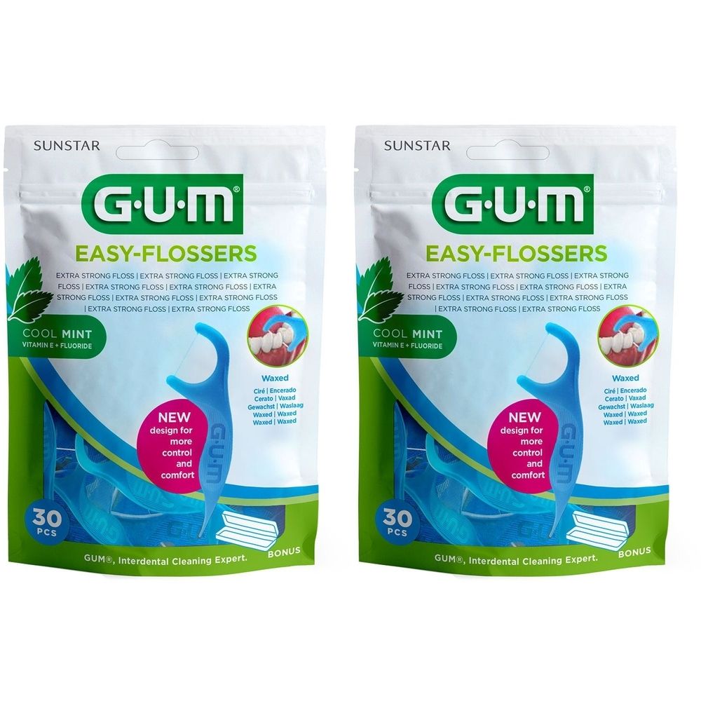 Zwei Packungen GUM Easy-Flossers. Weiße Verpackung mit grünem Akzent. Aufdruck: GUM, Easy-Flossers, Cool Mint. Enthält 30 Stück.