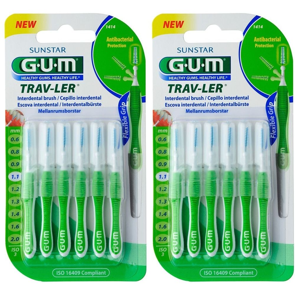 Zwei Packungen GUM Trav-Ler Interdentalbürsten. Grüne Griffe, transparente Schutzhüllen. Größenangaben in mm.