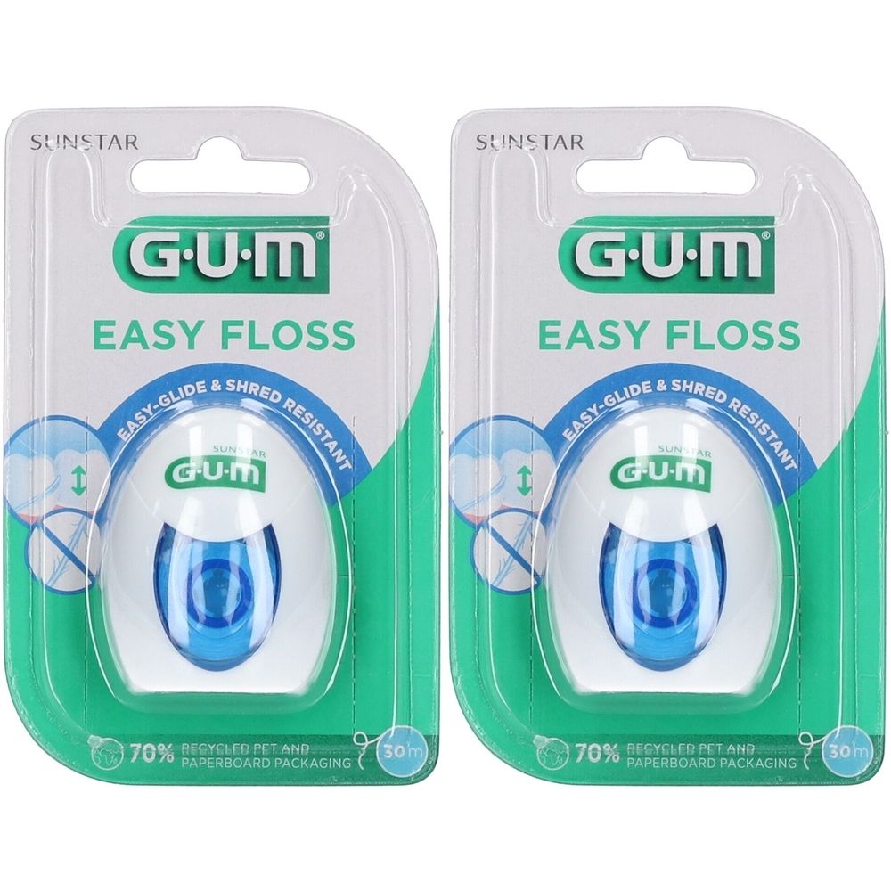 Zwei Packungen Zahnseide. Weiße Spender mit blauem Akzent, in grüner Verpackung. Aufschrift: GUM Easy Floss.