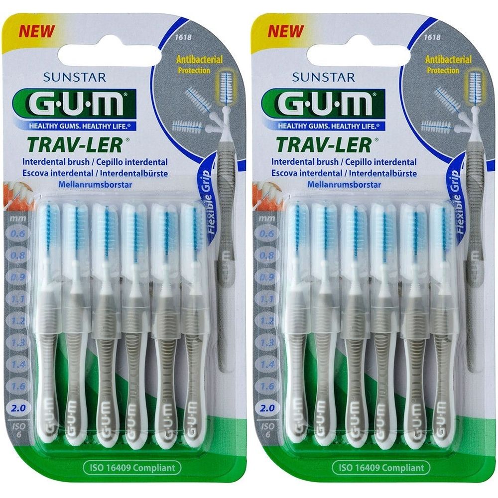 Zwei Packungen GUM Trav-Ler Interdentalbürsten. Jede Packung enthält mehrere Bürsten mit blauen Borsten und grauen Griffen. ISO 16409.