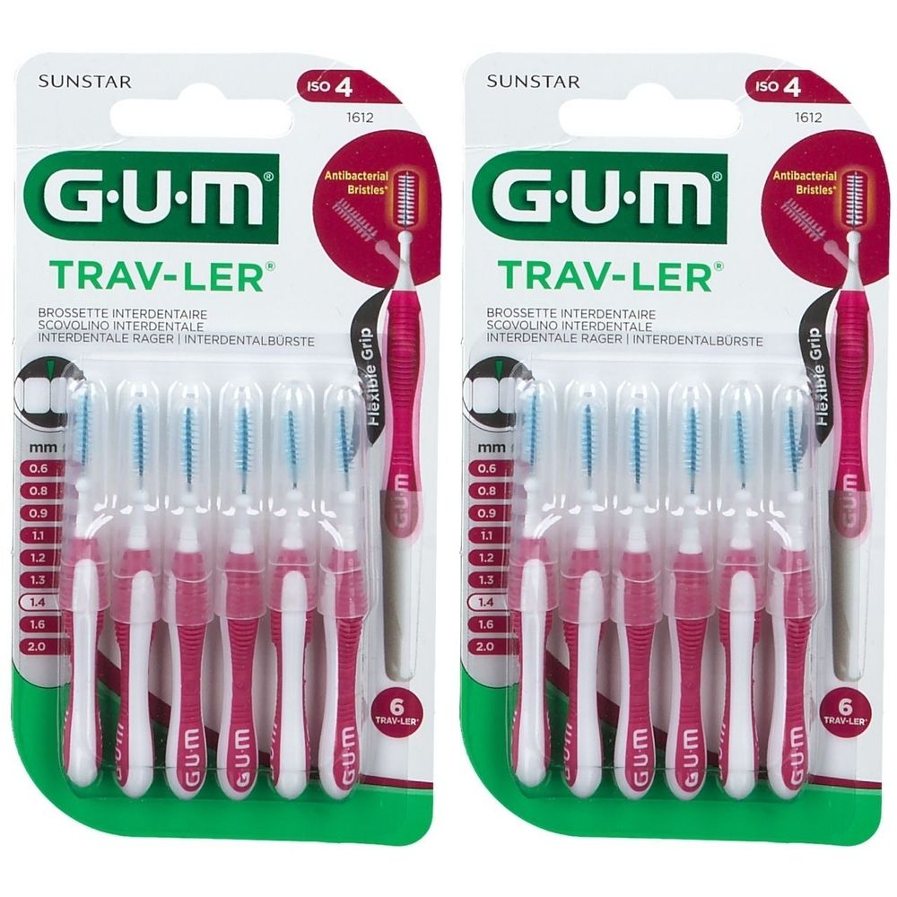 Zwei Packungen GUM® Trav-Ler® Interdentalbürsten. Rosa Griffe, blaue Borsten, transparente Kappen. 6 Stück pro Packung.