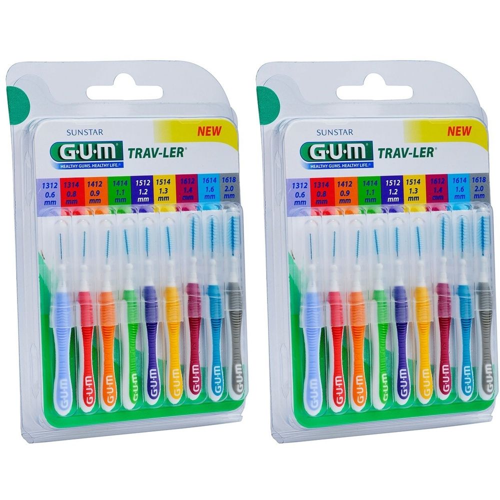 Zwei Packungen GUM Trav-Ler Bürstensortiment. Jede Packung enthält farbige Interdentalbürsten in verschiedenen Größen. Die Verpackung zeigt Größenangaben.