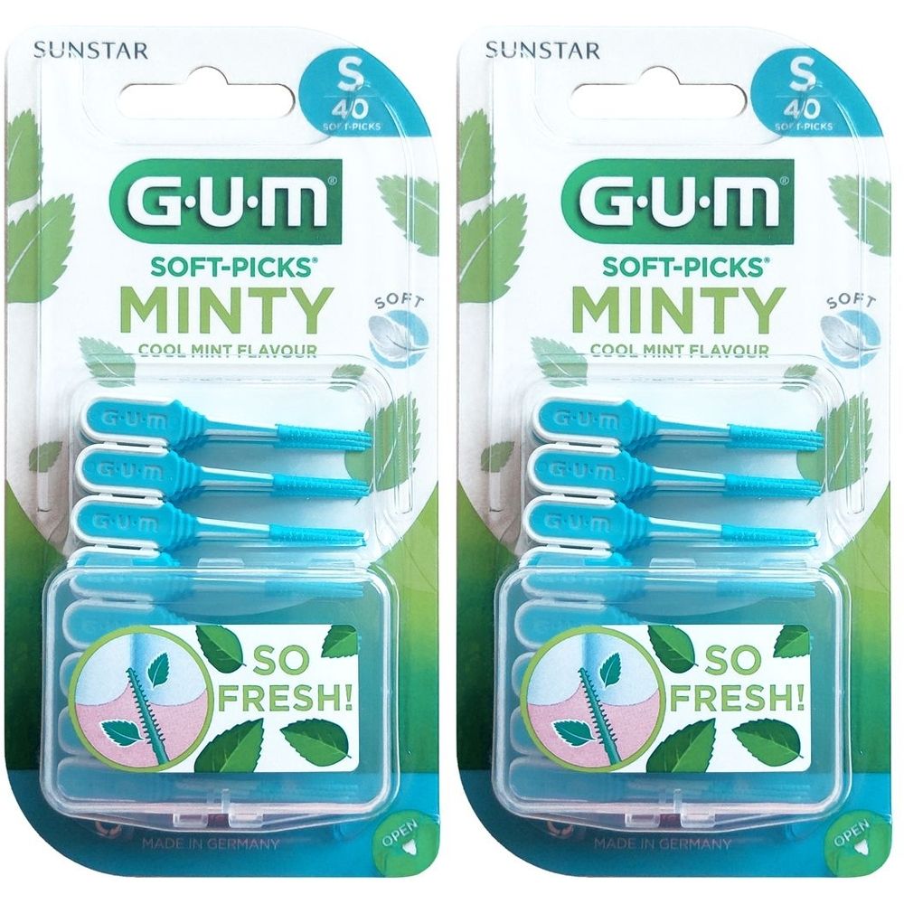 Zwei Packungen GUM Soft-Picks Minty. Jede Packung enthält 40 kleine Interdentalbürsten. Blaue Bürsten in einer transparenten Box.