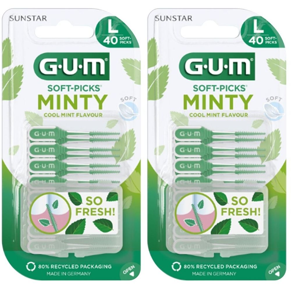 Verpackung mit GUM Soft-Picks Minty. Enthält 40 Stück, Größe L. Verpackung mit 80% recyceltem Material. Cool Mint Geschmack.