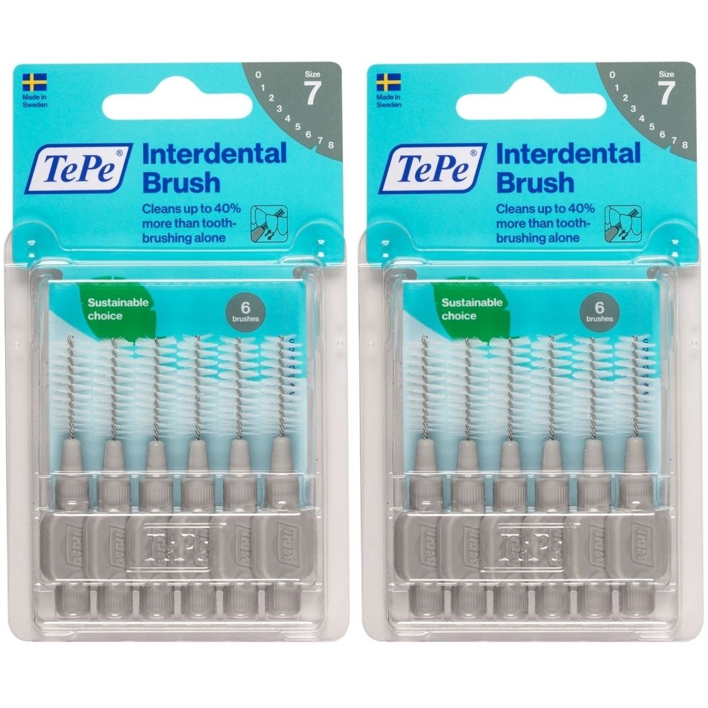 Zwei Packungen Interdentalbürsten. Jede Packung enthält 6 Bürsten. Die Verpackung zeigt den Markennamen TePe und die Größe 7.