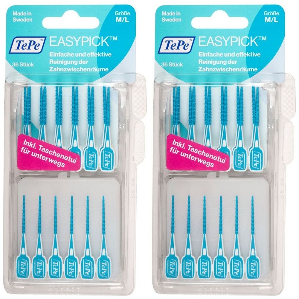 Zwei Packungen TePe EasyPick M/L. Jede Packung enthält 36 blaue Zahnzwischenraumbürsten und ein Etui.
