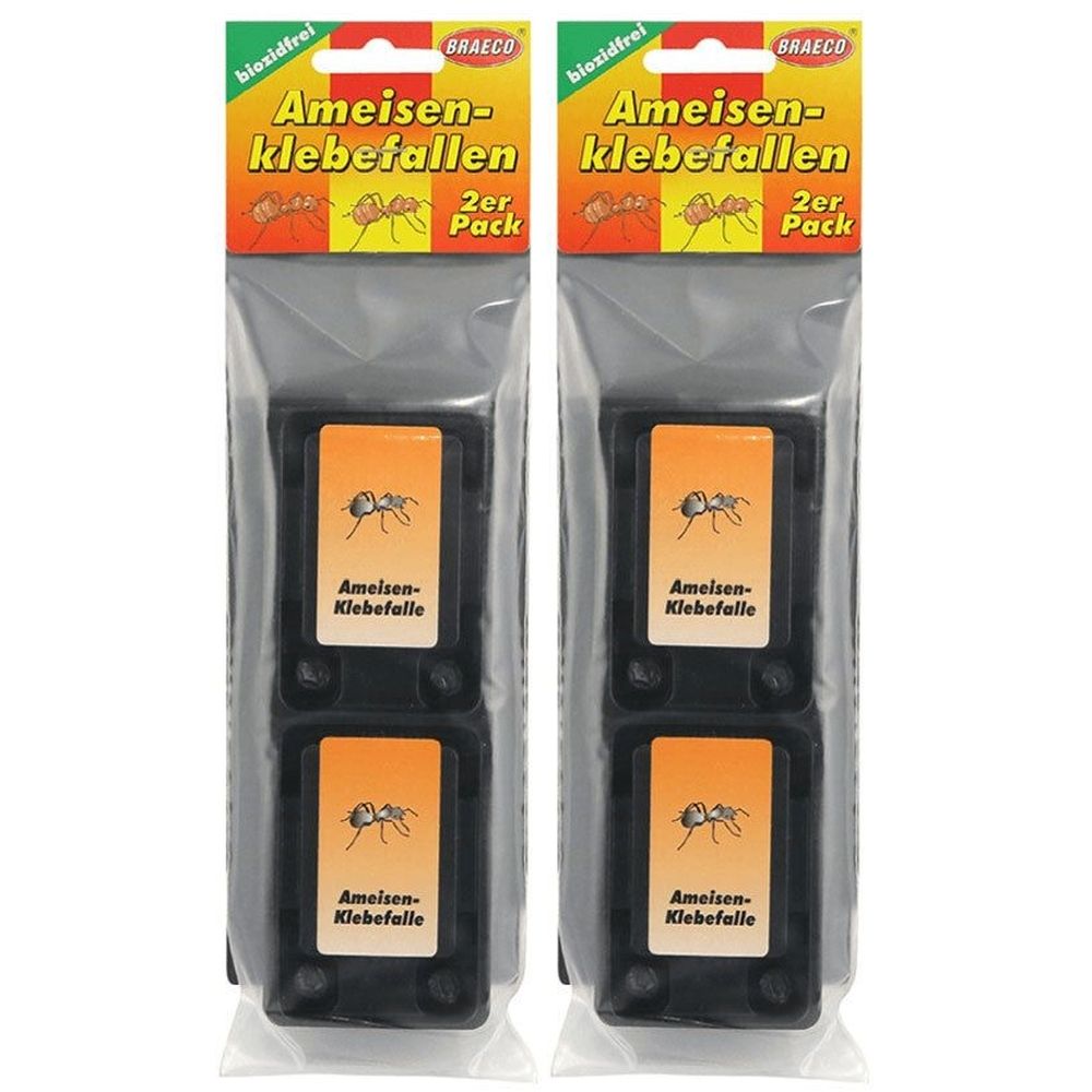 Zwei Packungen Ameisen-Klebefallen. Jede Packung enthält zwei schwarze Fallen mit orangefarbenen Etiketten. Aufschrift: Ameisen-Klebefalle.