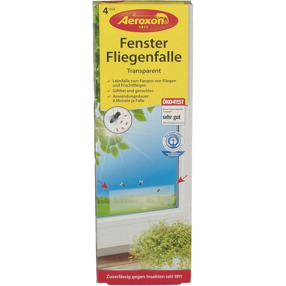 Verpackung von Aeroxon Fenster-Fliegenfalle. Gelbe Schachtel mit Produktnamen und Logo. Öko-Test Siegel. Transparentes Produkt.