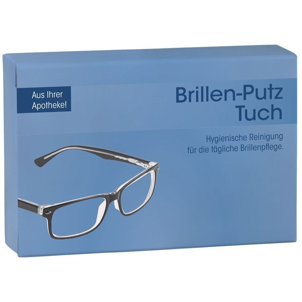 Blaue Verpackung mit Produktname „Brillen-Putz Tuch“ und Brillen-Abbildung. Text: Hygienische Reinigung für die tägliche Brillenpflege. „Aus Ihrer Apotheke!“