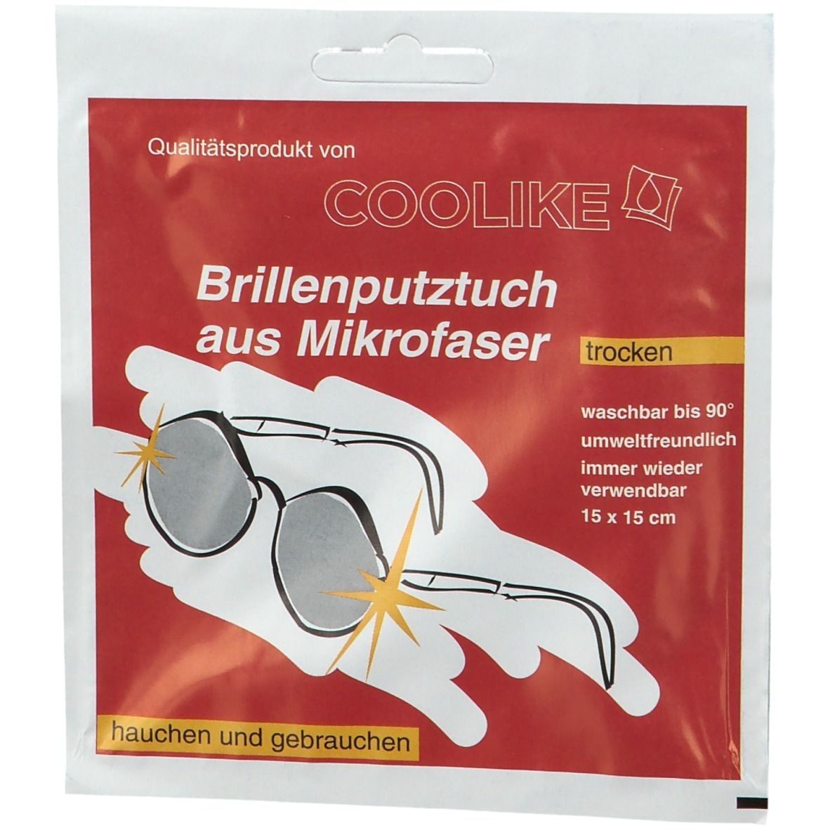 Verpackung mit Brillenputztuch aus Mikrofaser. Waschbar bis 90°. Größe: 15 x 15 cm. Marke: COOLIKE.