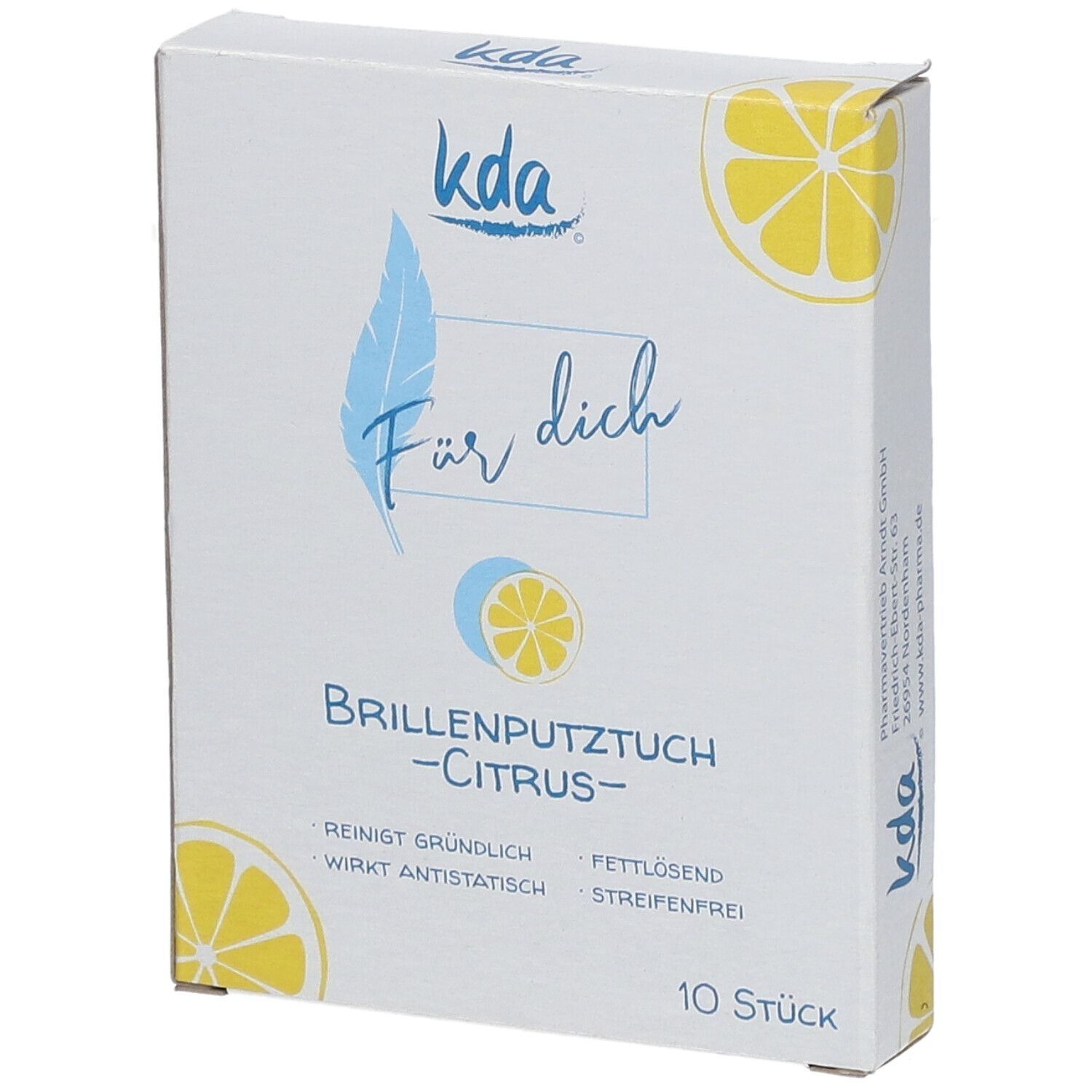 Karton mit KDA Brillenputztüchern Citrus. Aufschrift: Reinigt gründlich, wirkt antistatisch, fettlösend, streifenfrei. 10 Stück.