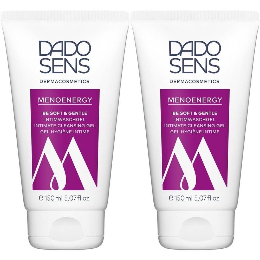 Zwei weiße Tuben mit lila Etikett. Aufschrift: DADO SENS, MENOENERGY, Intimwaschgel. Volumen: 150ml.