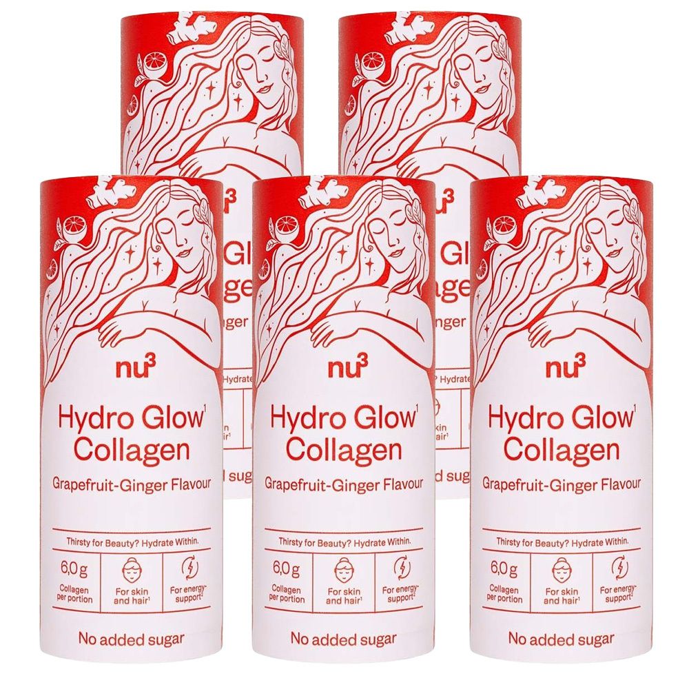 Zylindrische Dose mit rotem Deckel. Aufschrift: Hydro Glow Collagen, Grapefruit-Ingwer Geschmack. Enthält 6,0g Kollagen pro Portion. Ohne Zuckerzusatz.