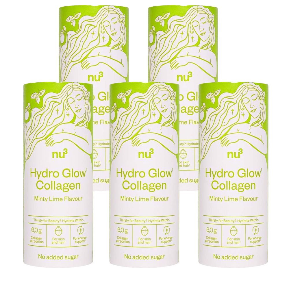 Zylindrische Verpackung mit "nu3 Hydro Glow Collagen". Grün-weißes Design mit Illustration einer Frau. Text: "Minty Lime Flavour", "6,0g Collagen".