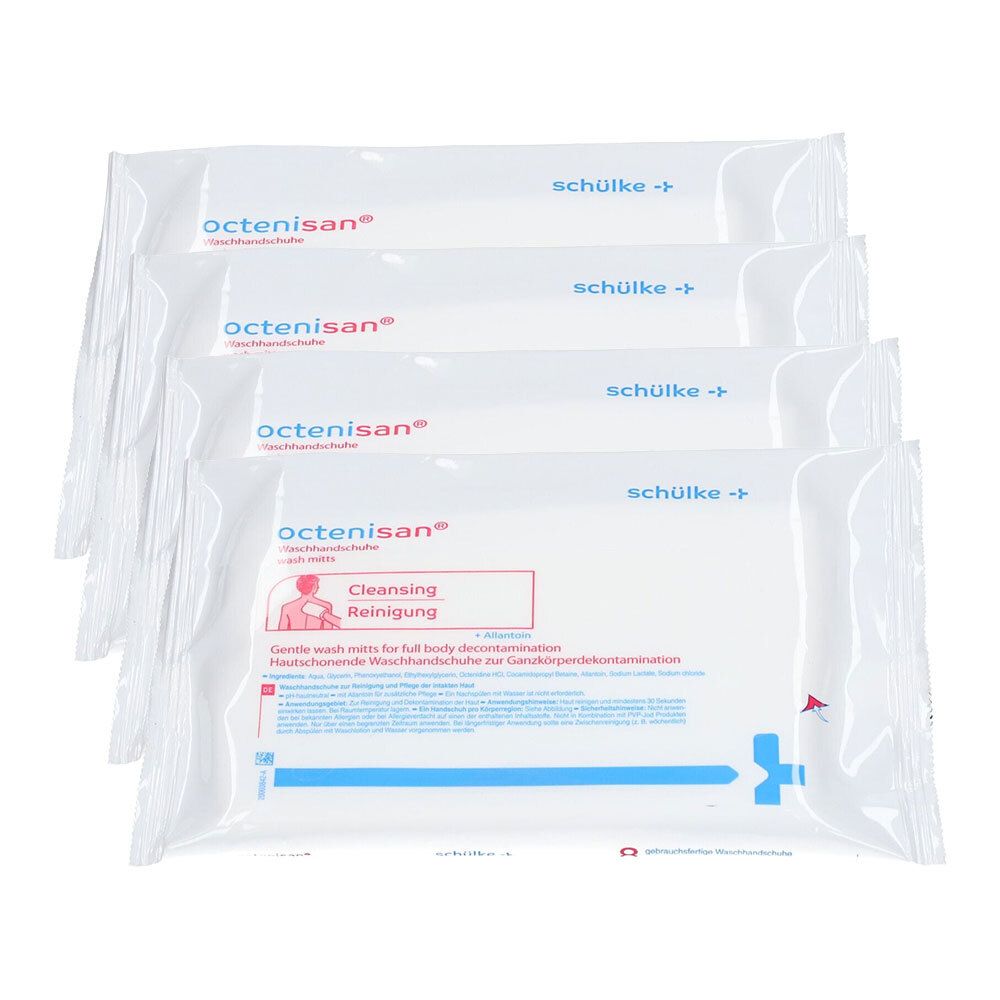 Mehrere Packungen octenisan® Waschhandschuhe. Weiße Verpackung mit roter und blauer Schrift. Aufschrift: Cleansing Reinigung.