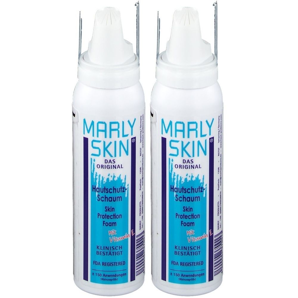 Zwei weiße Flaschen mit Sprühkopf. Aufschrift: Marly Skin, Hautschutz-Schaum, klinisch bestätigt. FDA Registered.