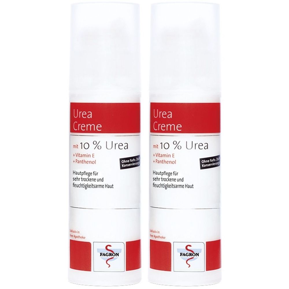Zwei weiße Cremetuben mit rotem Streifen. Aufschrift: Urea Creme, 10 % Urea, Vitamin E, Panthenol. Marke Fagron.
