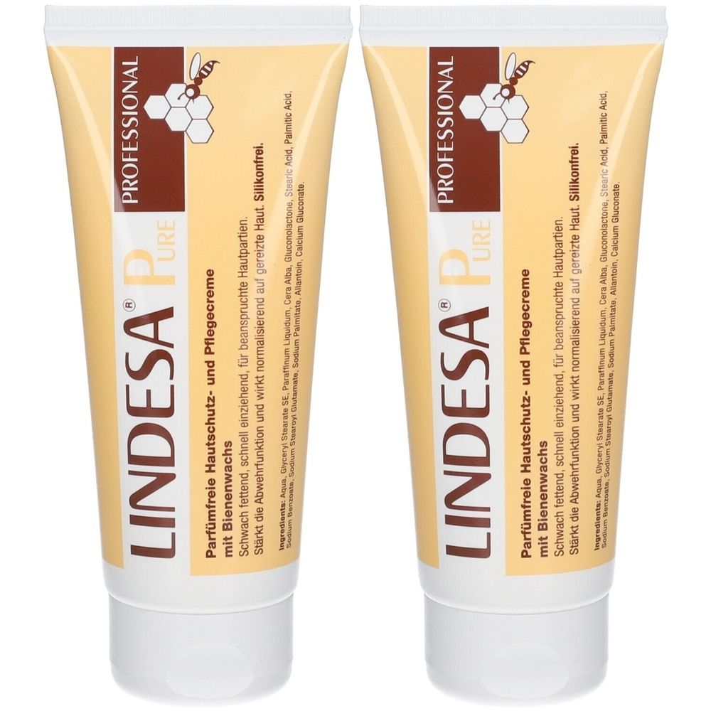 Zwei Tuben LINDESA Pure Pflegecreme. Beige-farbene Tuben mit brauner Schrift und Logo. Text: Parfümfreie Hautschutz- und Pflegecreme.