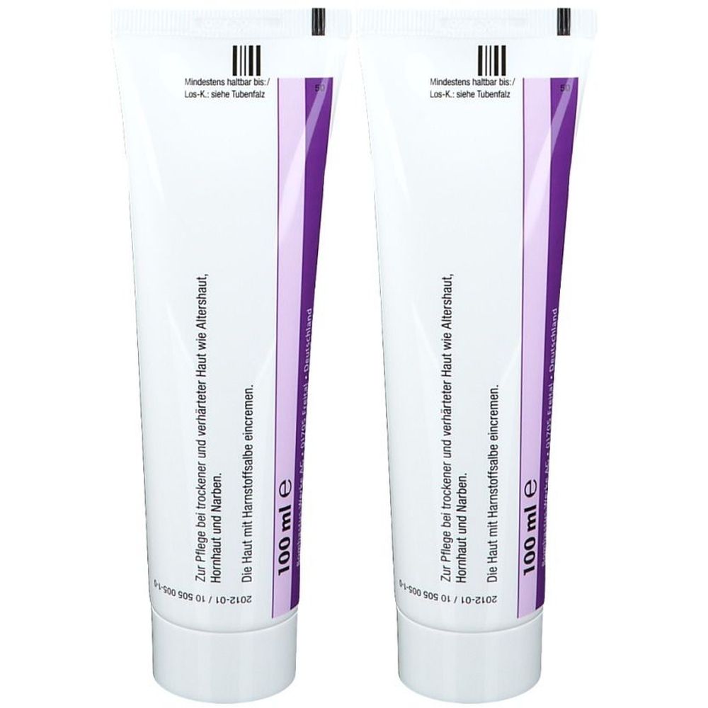 Zwei Tuben mit weißem Hintergrund und lila Akzenten. Aufschrift: 100 ml e. Text zur Pflege bei trockener und verhärteter Haut.