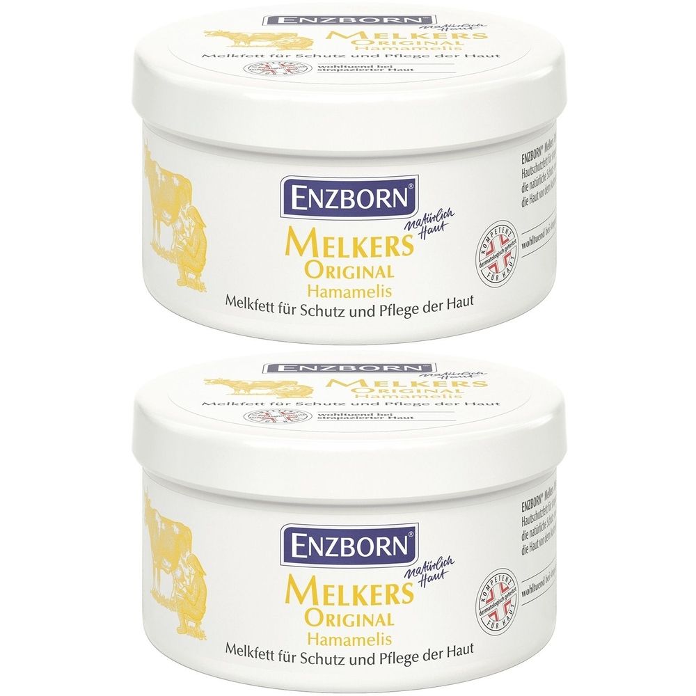 Zwei weiße Tiegel mit Deckel. Aufschrift: ENZBORN Melkers Original Hamamelis. Melkfett für Schutz und Pflege der Haut.