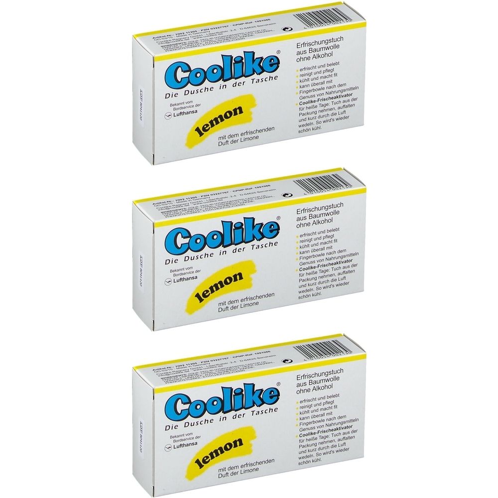 Drei Schachteln Coolike Feucht Tücher. Aufschrift: lemon. Weiß, gelb und blau. Text: Die Dusche in der Tasche.