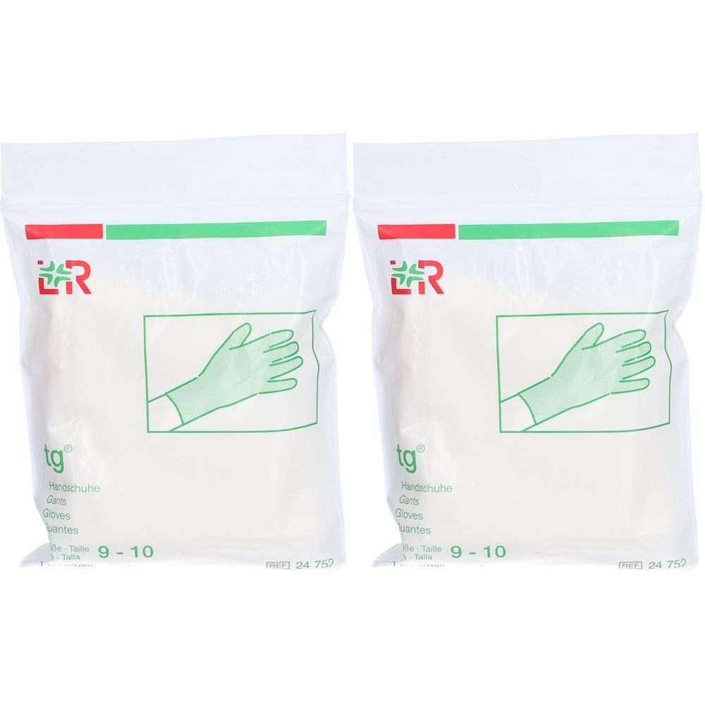 Zwei weiße Beutel mit Handschuhen. Aufdruck: tg, Handschuh-Illustration, Größe 9-10. Logo oben.