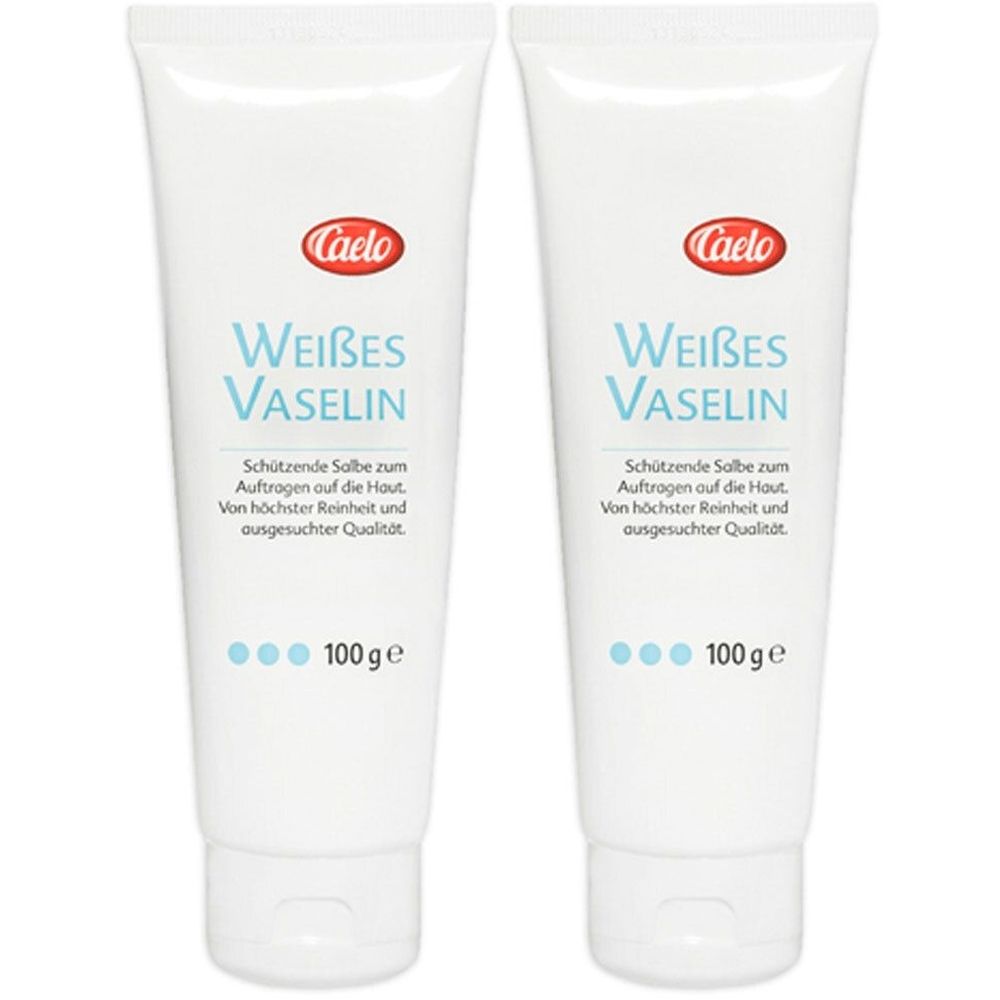 Zwei weiße Tuben mit Aufschrift "Caelo Weißes Vaselin". Text: Schützende Salbe. 100 g.