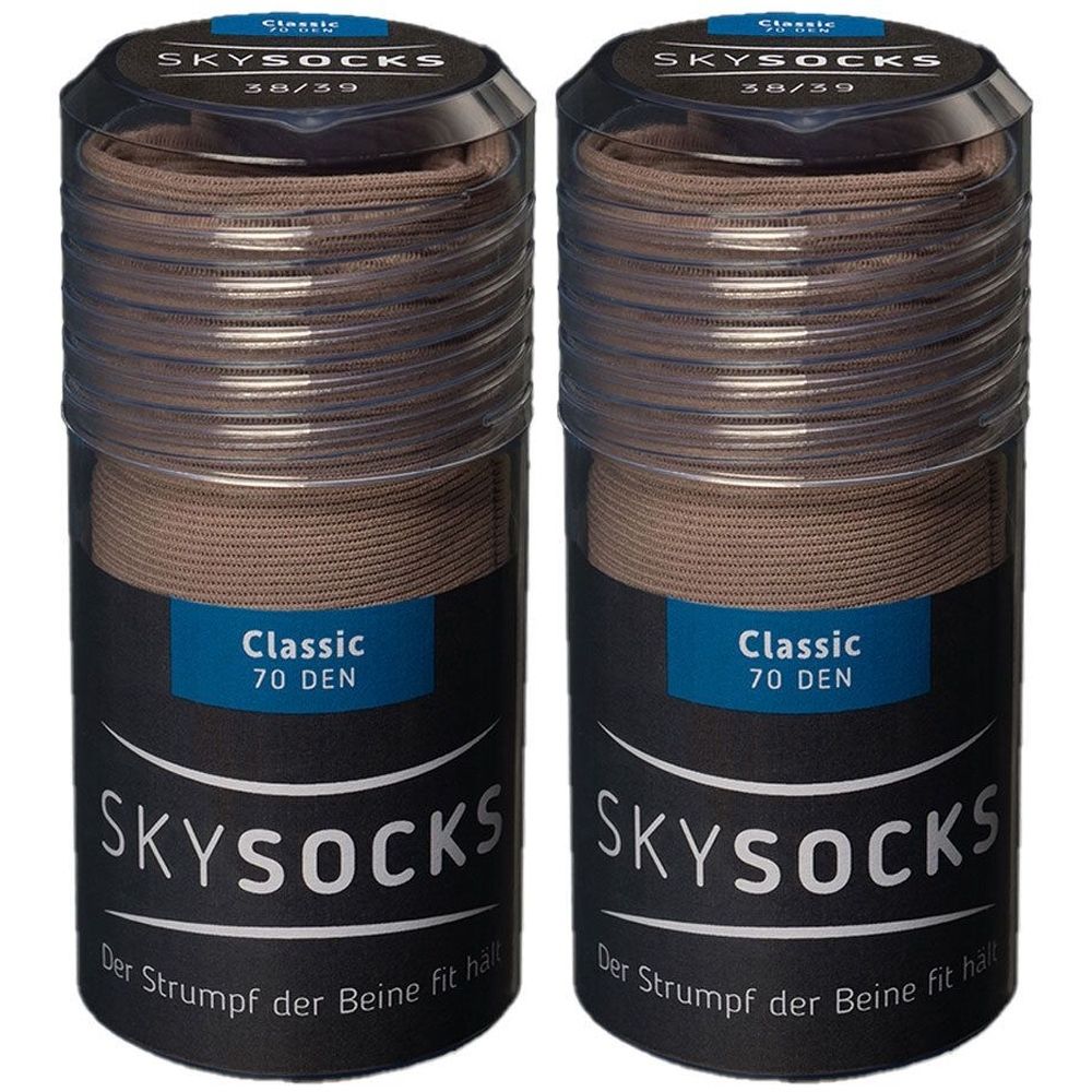 Zwei Packungen Kompressionsstrümpfe. Jede Packung enthält Strümpfe in Safari-Farbe. Aufschrift: SKYSOCKS Classic 70 DEN, Größe 38/39.
