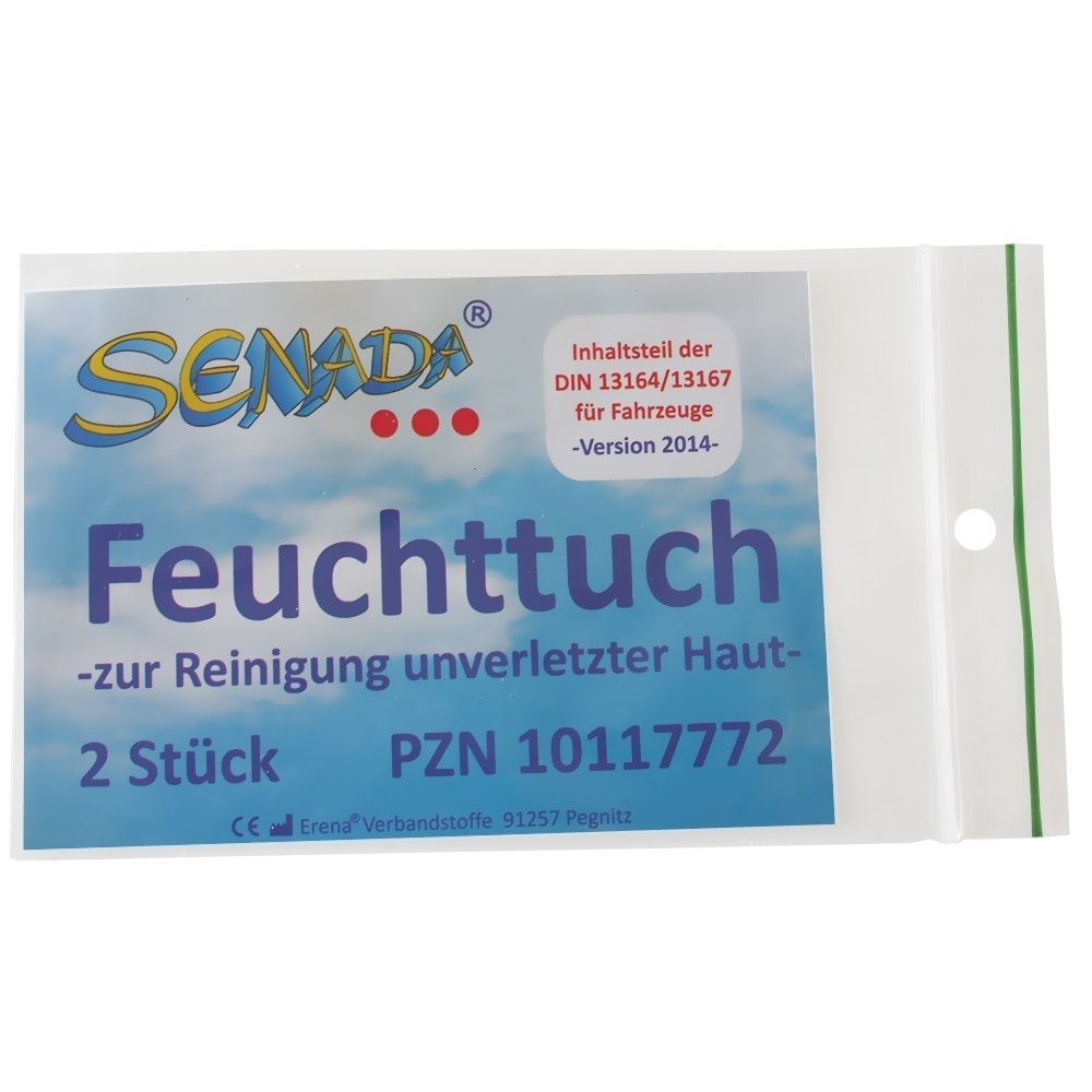 Verpackung mit zwei Feuchttüchern. Blaue Vorderseite mit SENADA-Logo, Produktbezeichnung, und PZN-Nummer. Weiße Verpackung mit grüner Linie.