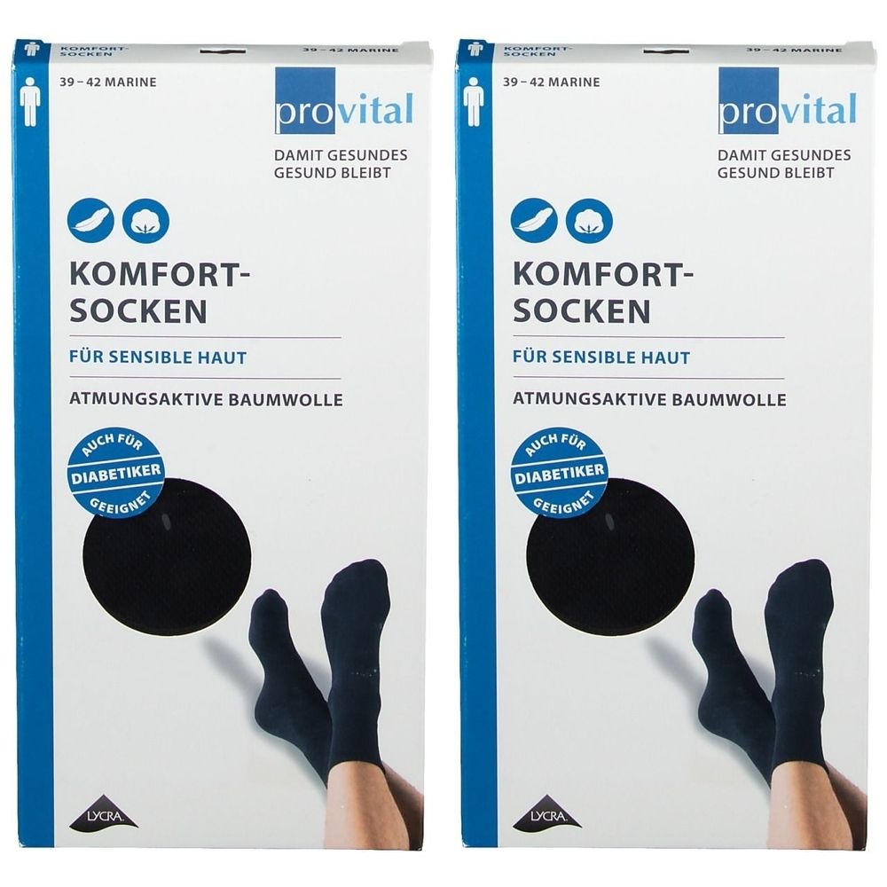 Zwei Packungen Komfortsocken, marineblau, Größe 39-42. Marke provital. Geeignet für Diabetiker. Aus atmungsaktiver Baumwolle.