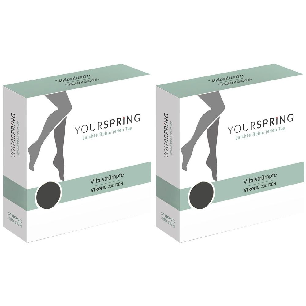 Zwei rechteckige Verpackungen. Aufschrift YOURSPRING, Vitalstrümpfe, STRONG 280 DEN. Abbildung von Beinen. Farbe: Weiß, Grün, Schwarz.